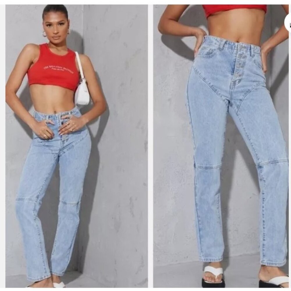 NWT | PRETTY LITTLE THING | High Waist Seam Detail Mom Jeans | BLEACH WASH | 10